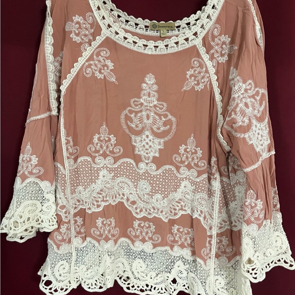 Democracy White and Pink Embellished Ruffled Blouse